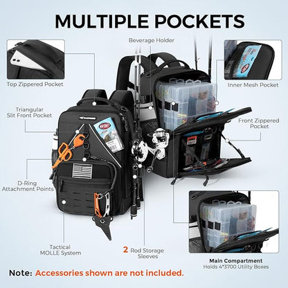 KastKing KarryAll KastMate Fishing Tackle Backpack,Water-Resistant Tackle Bag With 2 Rod Holders,Fishing Gear and Equipment With Large Gear Storage,Black