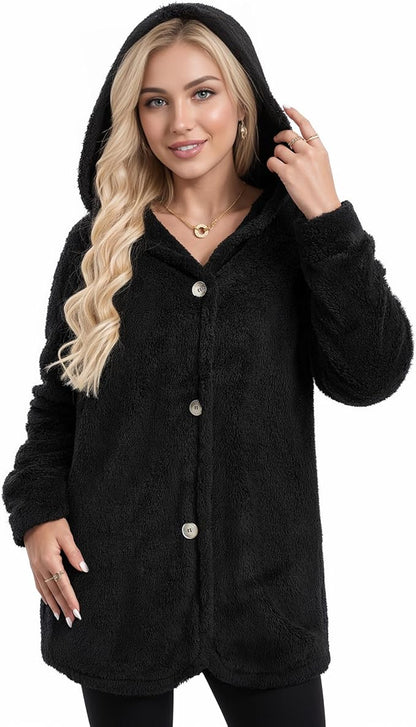 MANGOPOP Womens Fleece Jacket 2025 Winter Oversized Fuzzy Hooded Coat Button Cardigan Sherpa Sweaters Outerwear with Pockets