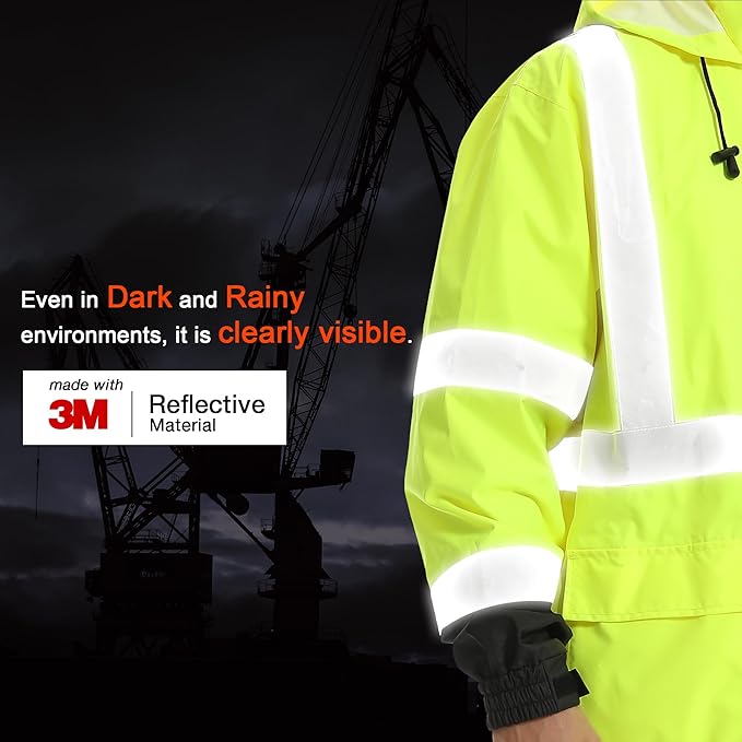 Reflective Rain jackets for men waterproof,Hi Vis Rain Coat With 3M Reflective Strips，High Visibility Class 3 Rain Gear With 2 large pockets，Zipper,Black Bottom Lime,Small