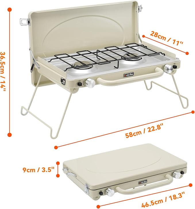 ONLYFIRE OUTDOOR LIVING Portable Camping stove 2-Burner, Propane Gas Stove with Foldable Legs, Camp Stove for Camping, Patio, Backyard, Picnic, Tailgating, RV, BBQ, GS331 Off-white