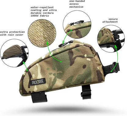 Onedrop Bike Frame Bag - Water Resistant Top Tube Bike Bag with Durable Cordura Fabric, Front Bicycle Storage & Bikepacking Pouch, Cycling Accessories for Biking Travel (Multicam Camo)