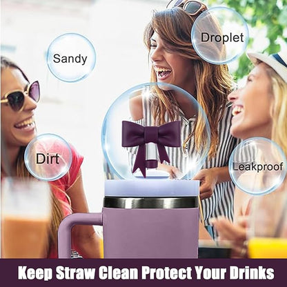 4Pcs Silicone Straw Toppers Covers for Stanley Cups 40/30oz 10mm(0.4in) Dust-Proof Bow Straw Covers Toppers Suitbale for Stanley Cup Accessories Reusable Straws Caps (Dark Purple)