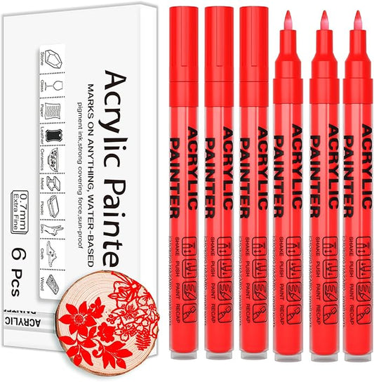 Acrylic Paint Pens Waterproof Markers 6 Red Permanent Marker Pens Acrylic Pens for Rock Painting Glass Stone Ceramic Metal Fabric Pebble Painting pens Craft Supplies