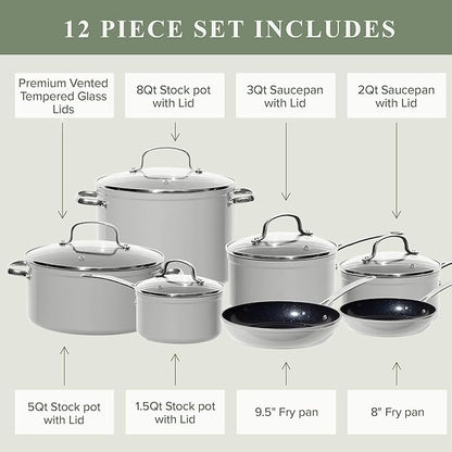 Nuwave Healthy Duralon Blue Ceramic Nonstick Cookware Set, Diamond Infused Scratch-Resistant, PFAS Free, Dishwasher & Oven Safe, Induction Ready & Evenly Heats, Tempered Glass Lids & Stay-Cool Handles