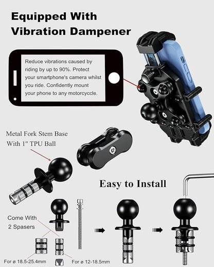 BRCOVAN Anti-Theft Motorcycle Fork Stem Phone Mount Holder with Vibration Dampener & High-Speed Secure Lock, Heavy Duty, Adjustable Size, Big Phone Friendly, Fit for 5.4-7.2'' Cellphone