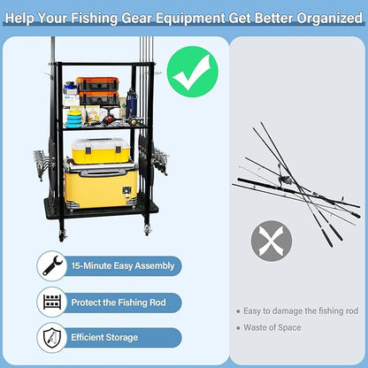 TC-HOMENY Fishing Rod Holder for Garage, Fishing Pole Rack Cart 10 Rod Fit All Fishing Rods, 3 Tier Fishing Tackle Storage Organizer Rack with Storage Bag, Fit For Living Room, Black