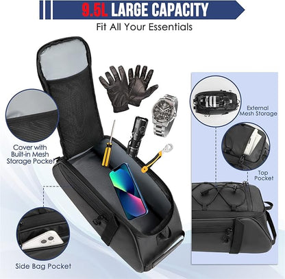 WOTOW Bike Rack Bag Waterproof - 9.5L Large Capacity Bike Trunk Bag, Reflective Bicycle Saddle Panniers, Cycling Bags Back Seat Storage Cargo Carrier Pouch with Shoulder Strap & Hook