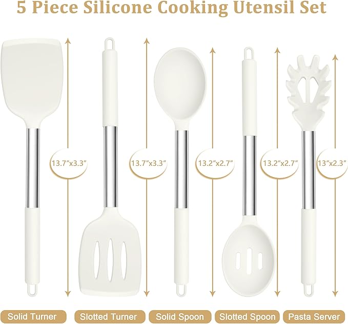 TeamFar Cooking Utensils Set, 5 Pcs Silicone Kitchen Utensils with Stainless Steel Handle, for Nonstick Cookware Flipping Frying Turning Draining, Heatproof & Healthy, Healthy & Easy Clean, White