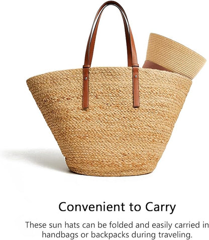 DRESHOW Women Straw Sun Hat Short Brim Panama Travel Fedora Beach Cap Roll up Summer Hat for Women Men UPF 50+