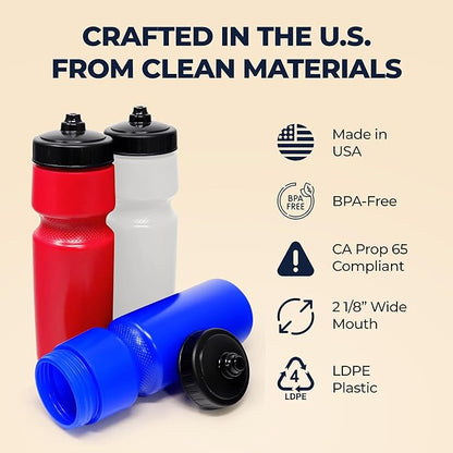 Rolling Sands USA Made 24 oz Sports Squeeze Water Bottles, 3 Pack, BPA-Free, Easy Drink One Way Flow Valve, Fits Most Bike Cages, Dishwasher Safe, Durable, Reusable and Lightweight, Red