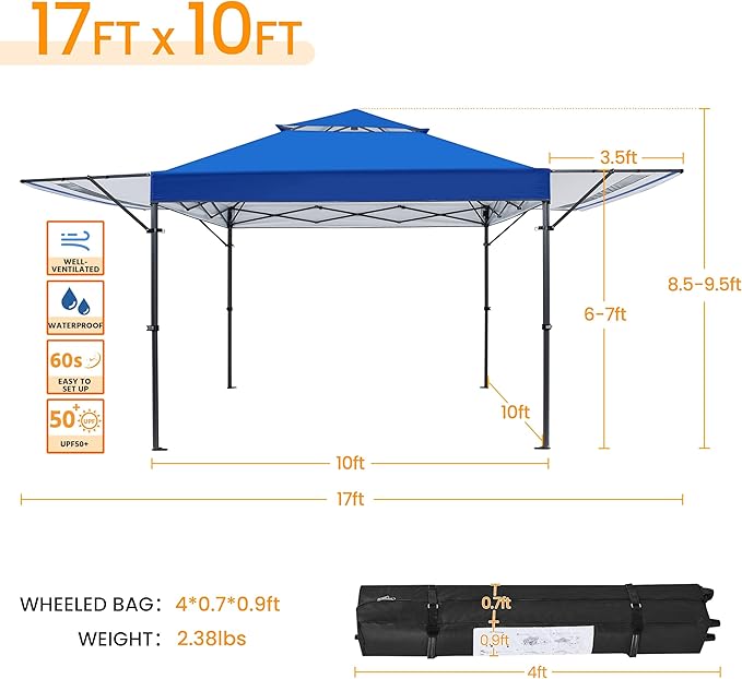 Yaheetech 10x17ft Pop Up Canopy with Awnings, Outdoor Canopy Tent, Heavy Duty Instant Beach Sun Shelter with Adjustable Dual Half Awnings & Wheeled Carry Bag, 4 Sandbags, One-Handed Set-up, Blue