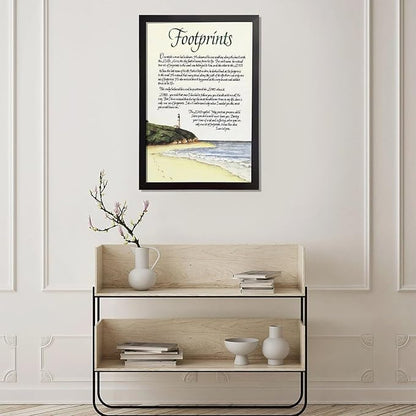 Footprints in the Sand Religious Canvas Wall Art Posters, Inspirational Beach Sunset Poem Print Poster (Black Framed 16x24inch, Footprints(5))