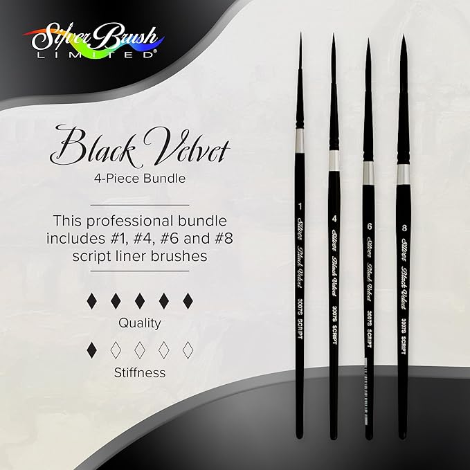 Silver Brush Limited BV-3053S Black Velvet Short Handle Script Liner Brushes, Mixed Filament With Very Soft Tips, 4pc Professional Artist Painting Bundle for Watercolors, Gouache, Dyes & Silk Painting