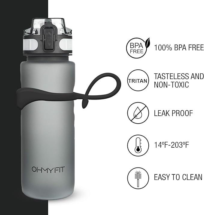 Tritan Sports Water Bottle with Magnetic Silicone Carry Strap & One Click Open Cap - Magnetic Drink Holder for Metal Equipment - Bottle w/Straps for Backpack, Belt & More (30oz, Onyx Black)