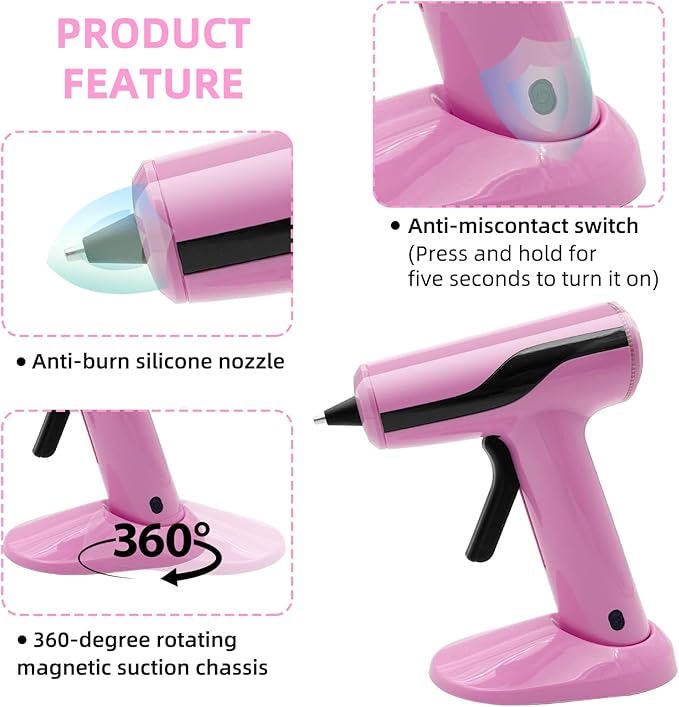 Cordless Hot Glue Gun Kit with 30pcs Mini Glue Sticks, USB Rechargeable Mini Glue Gun with Carrying Case, Stand-Up Base, Smart Power-Off Hot Melt Glue Gun for Crafting, Pink