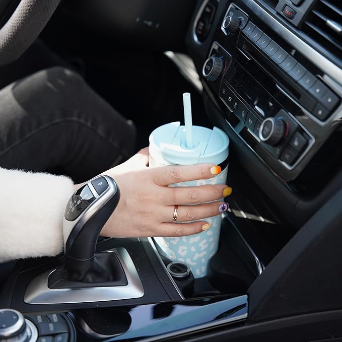 BJPKPK 34oz Tumbler With lid And Straw Stainless Steel Travel Coffee Mug Insulated Tumblers Cups,Light Blue Leopard