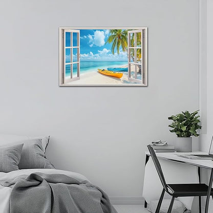 ANRUOXI Beach Wall Art, Window Frame Style Canvas Wall Decor Ocean, Blue Sea & Tropical Palm Tree Coasts Boats Canvas, Paradise Scenery Nature Landscape Painting for Living Room Office Home 32x48 Inch