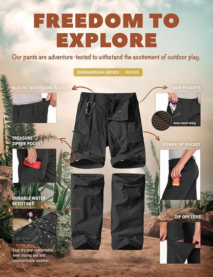 CQR Kids Youth Hiking Cargo Pants, UPF 50+ Quick Dry Convertible Zip Off Pants, Outdoor Camping Pants