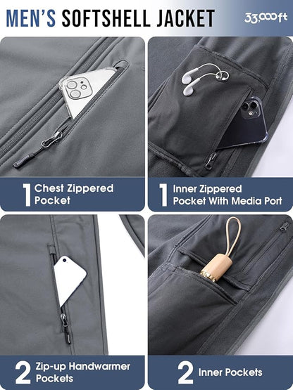 33,000ft Men's Softshell Jacket with Hood Fleece Lined Windbreaker Lightweight Waterproof Jackets for Hiking