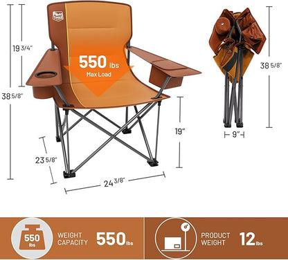 TIMBER RIDGE Oversized Folding Camping Chair for Adults, Support 550 LBS Heavy Duty with Cup Holder Side Pocket for Camp, Lawn, Picnic, Oange, 2 Pack