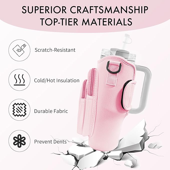 Water Bottle Carrier Bag with Phone Pocket for Stanley Cup 40/30 oz, Water Bottle Holder with Adjustable Strap& Straw Cover, Stanley Cup Accessories