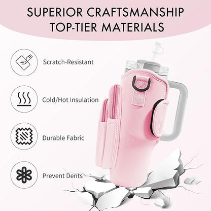 Water Bottle Carrier Bag with Phone Pocket for Stanley Cup 40/30 oz, Water Bottle Holder with Adjustable Strap& Straw Cover, Stanley Cup Accessories