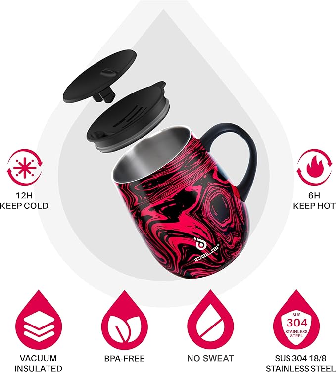 Ideus 16 oz (470 ml) Insulated Coffee Mug with Handle and Lid, Double Wall Stainless Steel Vacuum Thermal Coffee Mug, Travel Coffee Cup Thermal Cup for Home and Office (Red Zebra)
