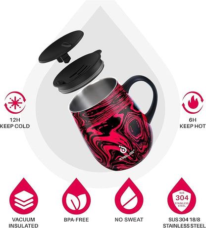 Ideus 16 oz (470 ml) Insulated Coffee Mug with Handle and Lid, Double Wall Stainless Steel Vacuum Thermal Coffee Mug, Travel Coffee Cup Thermal Cup for Home and Office (Red Zebra)