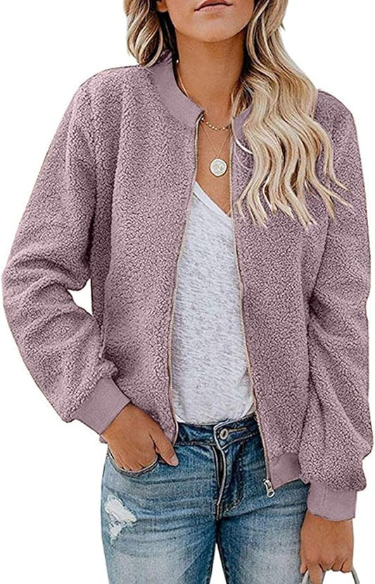 MIROL Women's Fall Trendy Fleece Jacket Faux Sherpa Fuzzy Casual Long Sleeve Zip Up Loose Fit Bomber Winter Coat