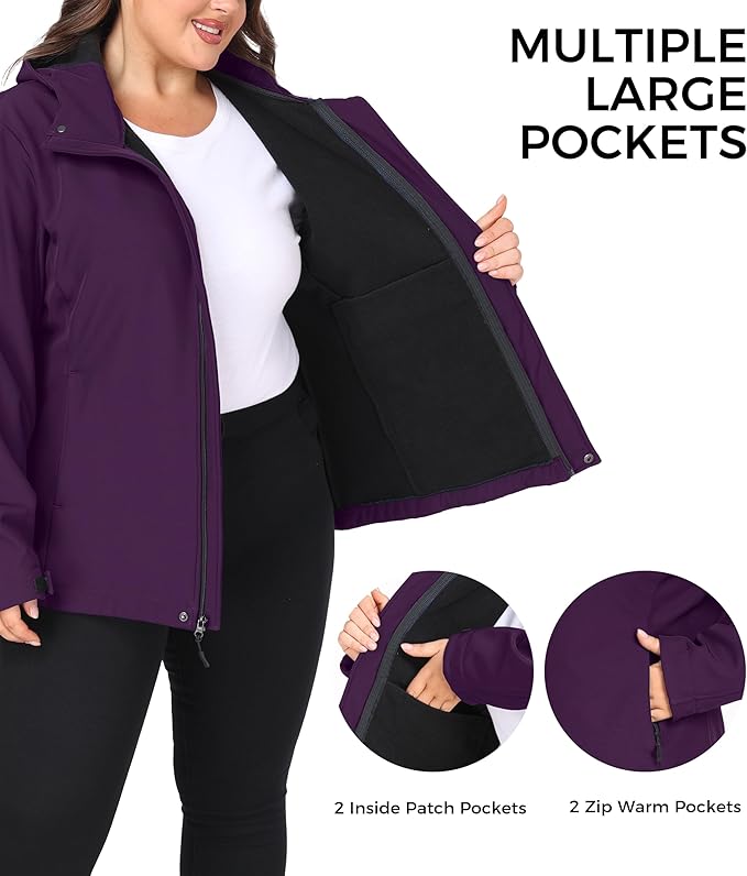 wantdo Women's Plus Size Softshell Jackets Hooded Warm Fleece Lined Windbreaker