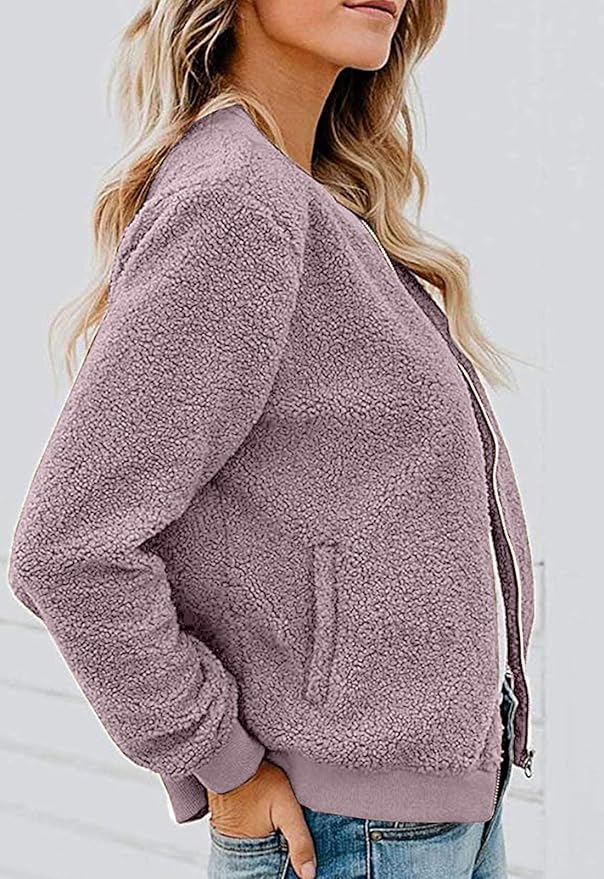 MIROL Women's Fall Trendy Fleece Jacket Faux Sherpa Fuzzy Casual Long Sleeve Zip Up Loose Fit Bomber Winter Coat