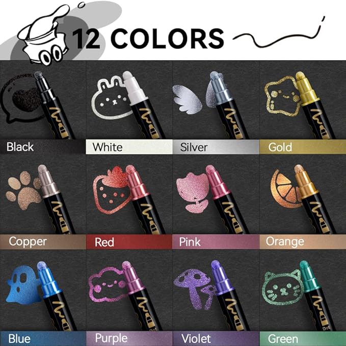 TRANSON 12Colors Metallic Paint Markers Bold and Fine Dual-tip for Rock Wood Ceramic Canvas DIY Painting Drawing