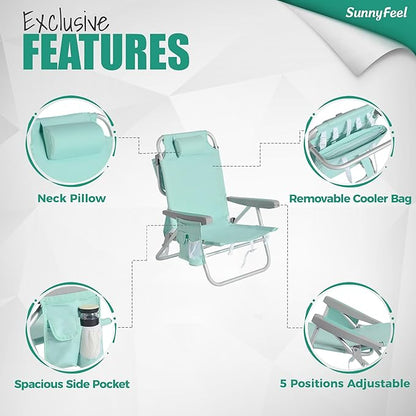 SUNNYFEEL Beach Chairs for Adults 2 Pack 5 Position Lay Flat, Portable Folding Backpack Beach Chair Heavy Duty with Cooler Bag, Cup Holder for Outdoor/Lawn/Picnic/Sand, Foldable Camping Chair