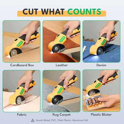 Powpact® High Speed Cardboard Cutter, Cordless Electric Scissors for Cardboard Fabric Carpet, Automatic Electric Box Cutter with Safety Lock - Rechargeable Battery, Heavy Duty Power, Rotary Cutting