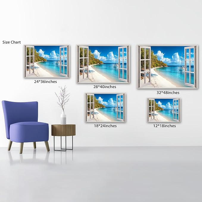 ANRUOXI Beach Wall Art, Window Frame Style Canvas Wall Decor Ocean, Blue Sea & Tropical Palm Tree Coasts Boats Canvas, Paradise Scenery Nature Landscape Painting for Living Room Office Home 28x40 Inch
