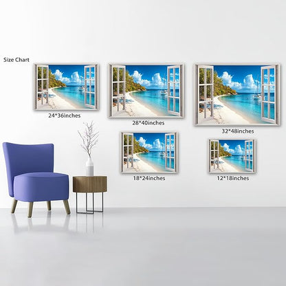 ANRUOXI Beach Wall Art, Window Frame Style Canvas Wall Decor Ocean, Blue Sea & Tropical Palm Tree Coasts Boats Canvas, Paradise Scenery Nature Landscape Painting for Living Room Office Home 24x36 Inch