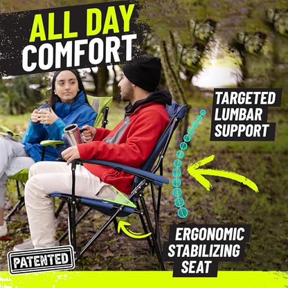 STRONGBACK Elite Folding Camping Lawn Lounge Chair Heavy Duty Camp Outdoor Seat with Lumbar Support and Portable Carry Bag - Navy/Grey