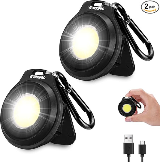 WORKPRO COB Keychain Light, 2Pcs Small Work Keychain Flashlight with Hat Clip, EDC Rechargeable Magnetic 3 Light Modes Carabiner Flashlight for Running, Emergency Hiking and Repairing, Black