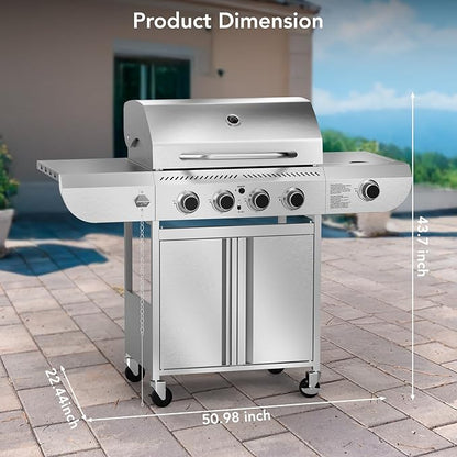 G41 Pro BBQ Grill,Heavy-Duty Stainless Steel Gas Grill, 4 Burner Gas Grill with Side Burner,42000 BTU Propane Grill for Outdoor Cooking,Barbecue,Garden and Patio Backyard