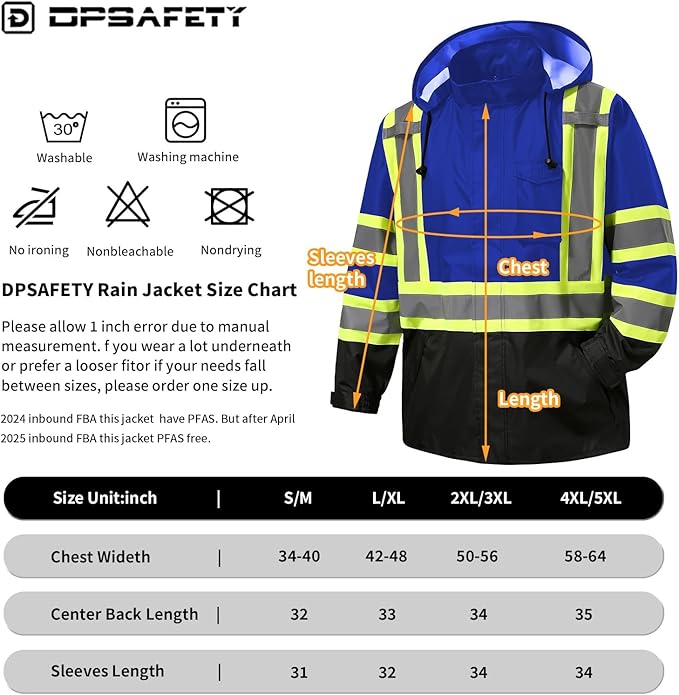 Reflective Rain jackets for men waterproof,Hi Vis Safety Coat With Reflective Strips，High Visibility Class 3 Rain jackets With 2 large pockets,Zipper,Blue,4XL/5XL