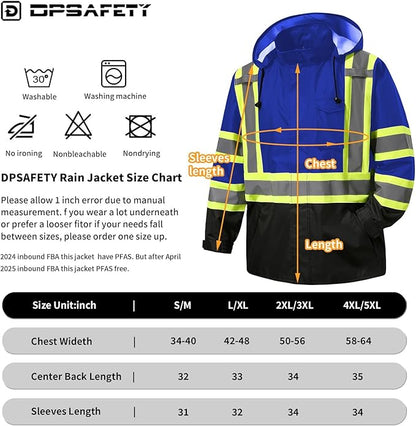 Reflective Rain jackets for men waterproof,Hi Vis Safety Coat With Reflective Strips，High Visibility Class 3 Rain jackets With 2 large pockets,Zipper,Blue,4XL/5XL