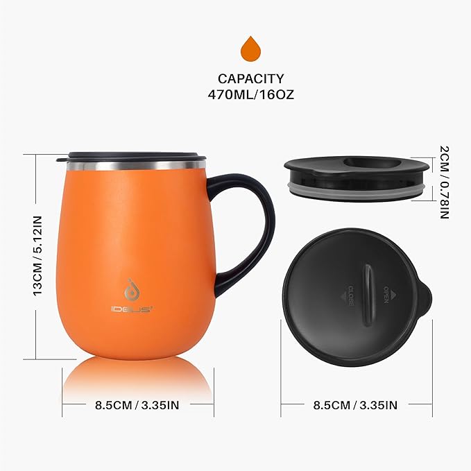 Ideus 16 oz Insulated Coffee Mug with Handle and Lid, Double Wall Stainless Steel Vacuum Thermal Coffee Mug, Travel Coffee Cup Thermal Cup for Home and Office, Orange Tiger