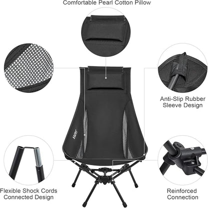 G4Free 2 Pack Folding Lightweight Camp Chair High Back Camping Chair Backpacking Chair Heavy Duty 330lbs with Headrest Pocket Black