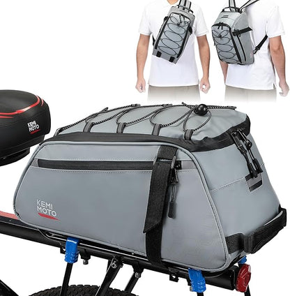 KEMIMOTO Rear Bike Rack Bag 11L, Water-resistant 3 IN 1 Bicycle Trunk Bag Cycling Luggage Saddle Shoulder Pack for Road Mountain Ebikes, Storage Backpack for Commuting, Shopping, Traveling, Grey