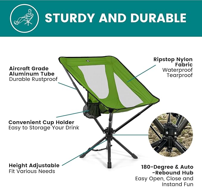 Portable Camping Chair - SwivelCore 180 Swivel & Auto-Return, Small Compact Lightweight Folding Chairs for Adults, Outdoor Backpack Chair for Adventures, Setup in Seconds, Support 300 LBS