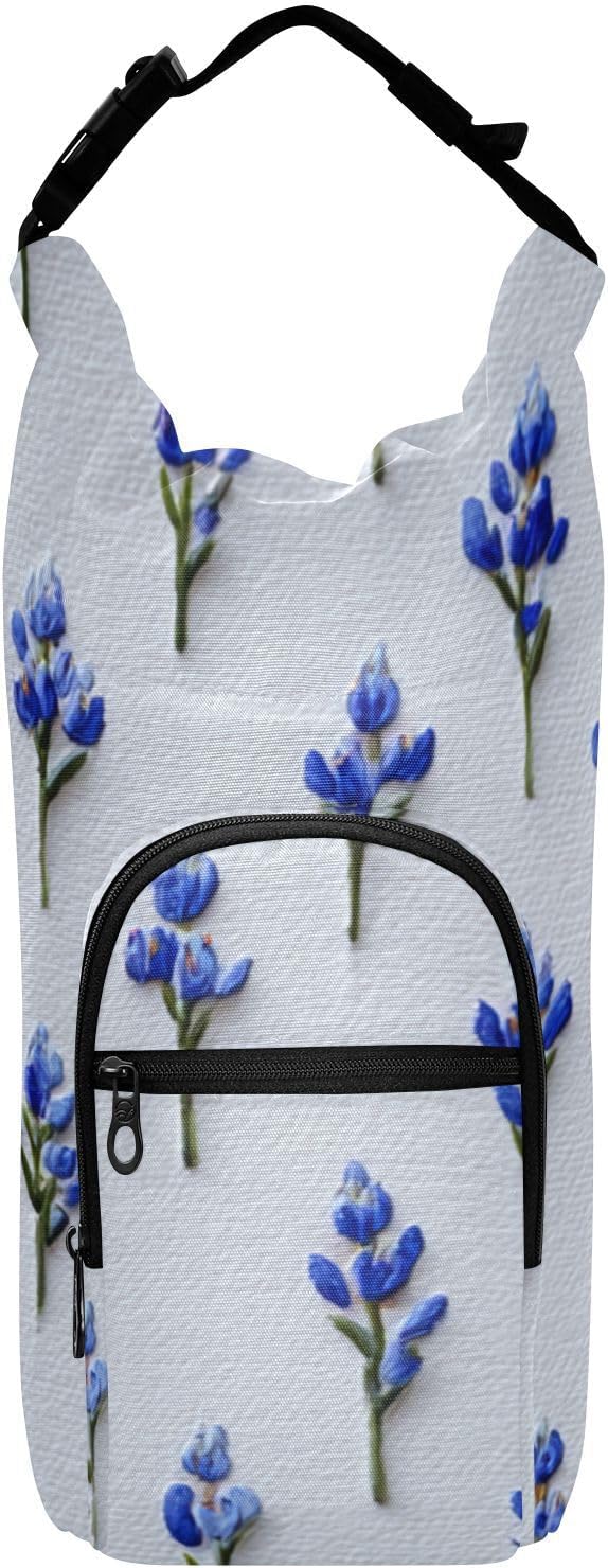 White Bluebonnets Water Bottle Holder with Strap Insulated Water Bottle Carrier Crossbody Bags Pouch with Phone Pocket for Travel Gym Hiking Walking Running