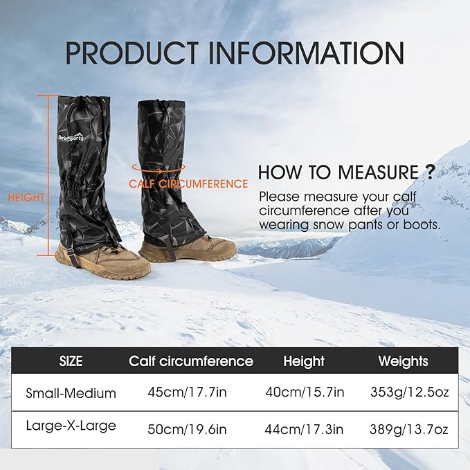 Waterproof Adjustable Leg Gaiters for Men and Women Snow Boot Gaiters for Hiking in Hunting Sand and Mud Mountain Climbing or Snowshoeing