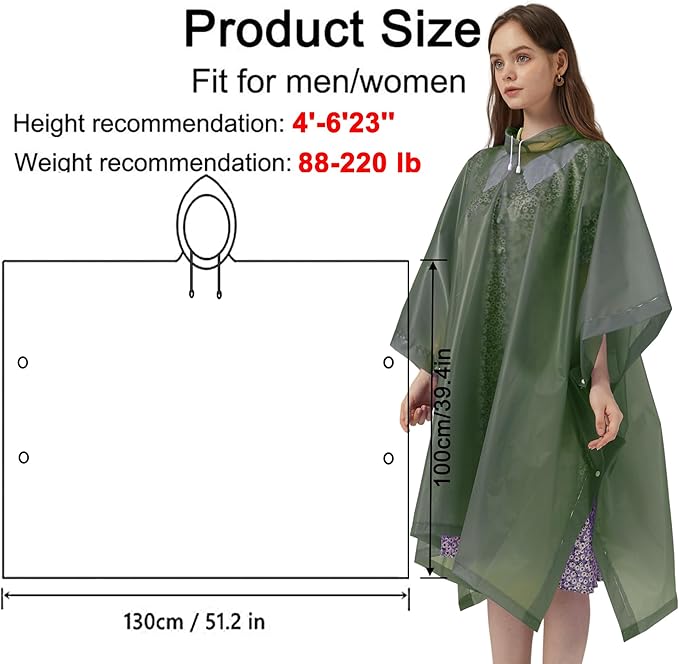 Rain Ponchos for Adults, 2 Pack Raincoats Jacket Reusbale with Drawstring Hood Sleeves for Women Men