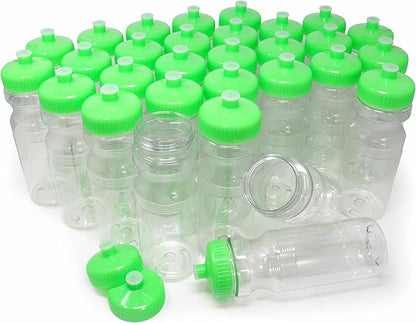 Rolling Sands USA Made 24 Ounce Sports Water Bottles - 30 Pack BPA-Free Blank Plastic Bottles for Teams, Gyms & Studios - Translucent Clear Bottle/Lime Green Lid