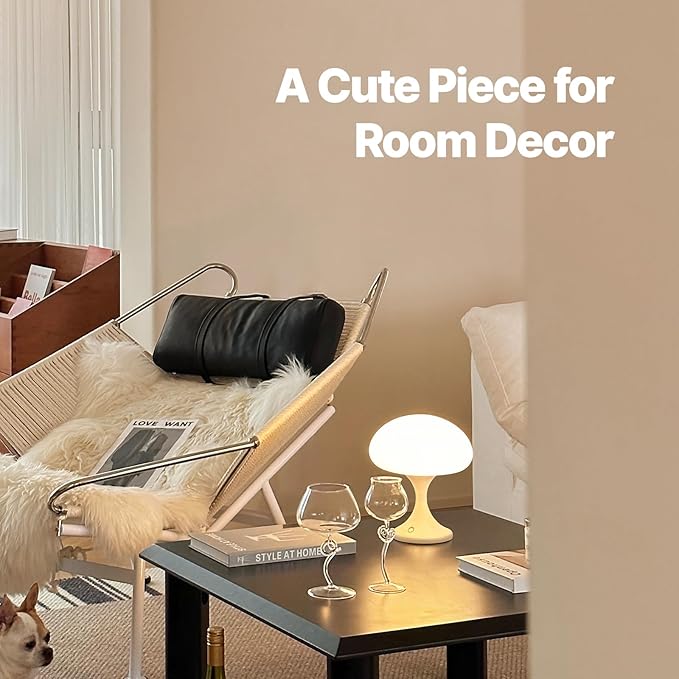 Mushroom Lamp, 5W LED Cordless Rechargeable Table Lamp with Glass Shade, Small Retro Dimmable Touch Light with 3 Color Temps, Aesthetic Mid Century Bedside Light for Bedroom Ambient, White